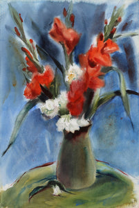 Red Flowers in Green Vase (P1.6) Watercolor | Eve Nethercott,{{product.type}}