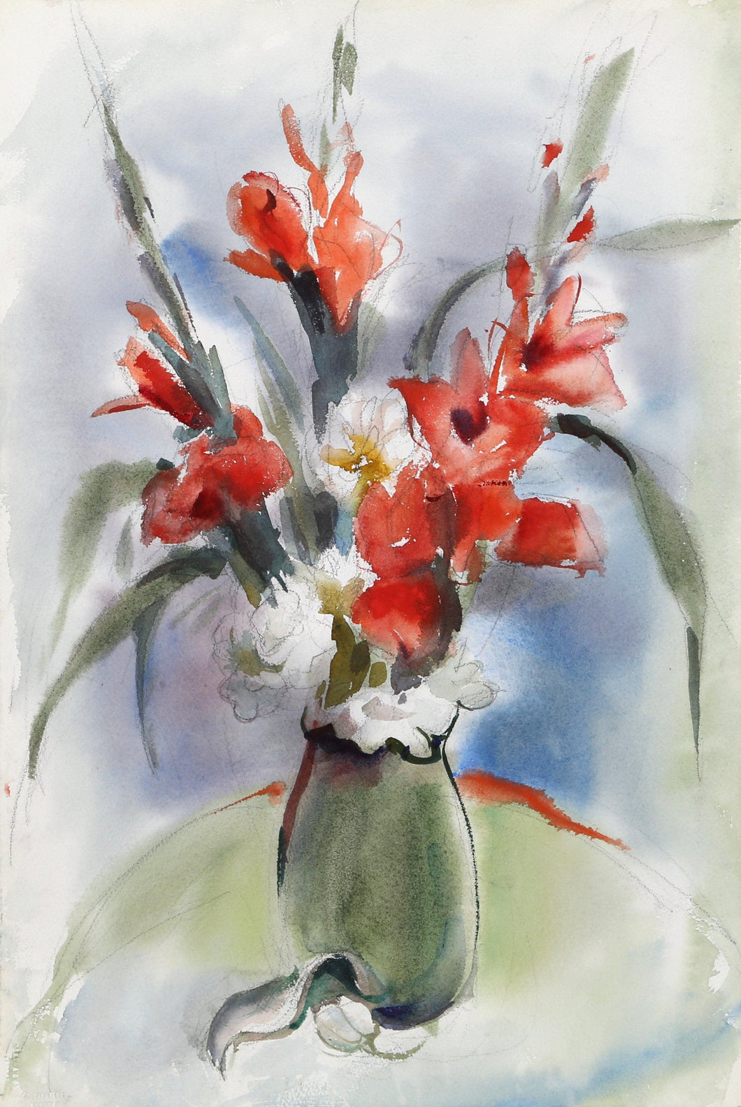 Red Flowers in Vase (P1.9) Watercolor | Eve Nethercott,{{product.type}}