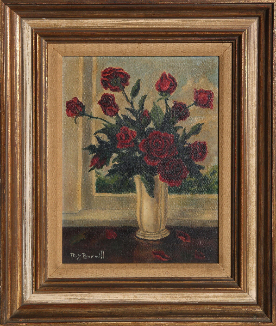 Red Roses by Window Oil | M. Burril,{{product.type}}
