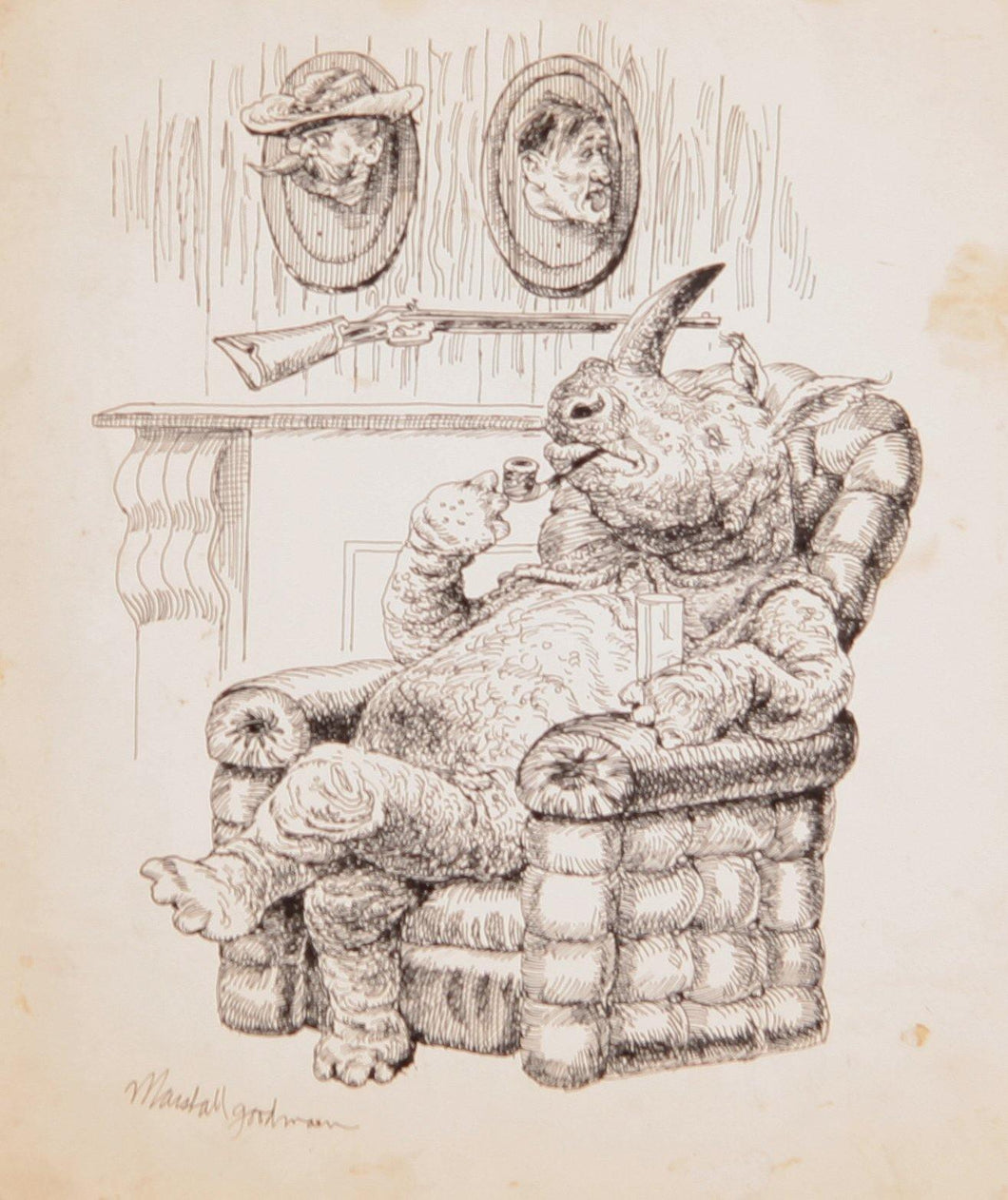 Rhino with Heads on Mantel II Ink | Marshall Goodman,{{product.type}}