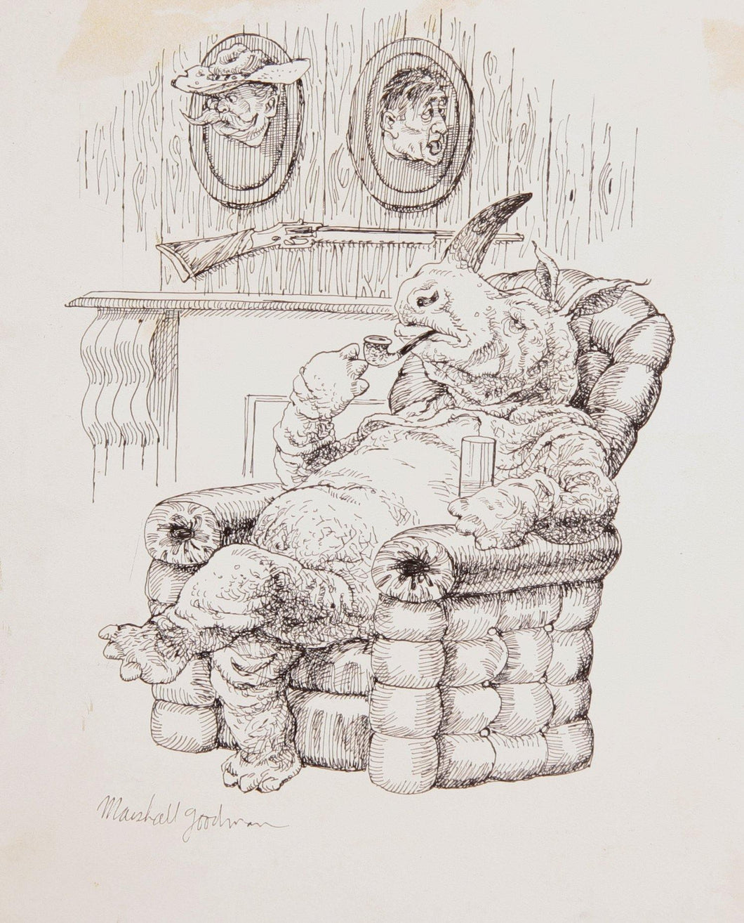 Rhino with Heads on Mantel Ink | Marshall Goodman,{{product.type}}