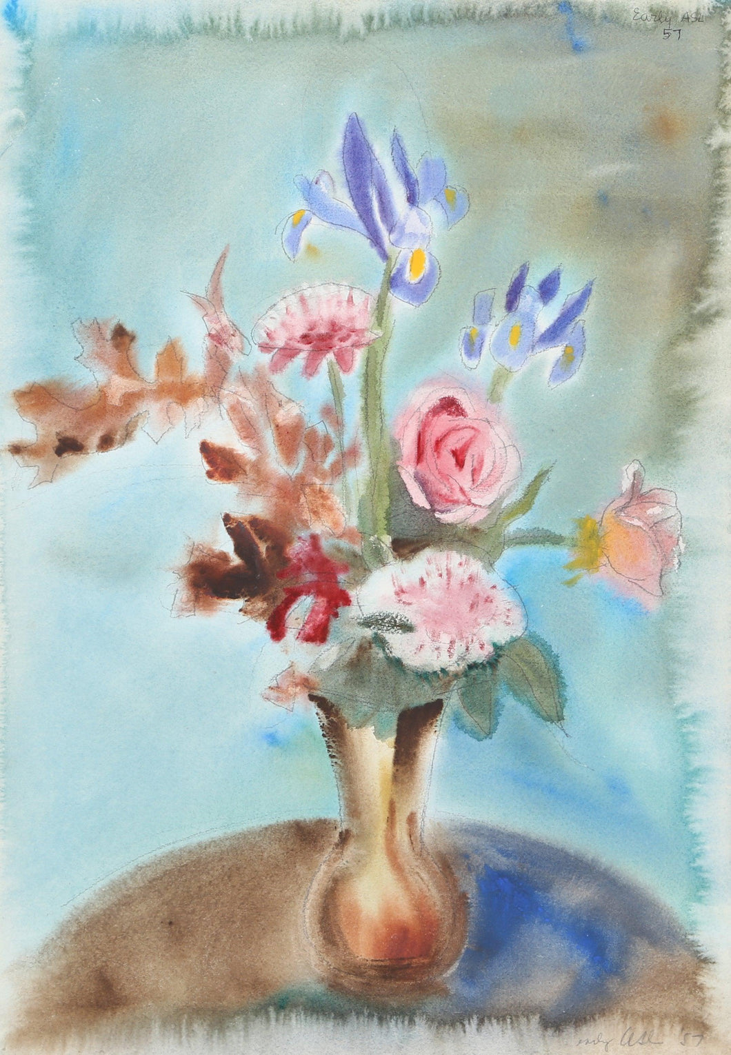 Roses and Irises in Vase (P1.22) Watercolor | Eve Nethercott,{{product.type}}