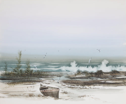 Rowboat on Ocean Beach Watercolor | G. Sak,{{product.type}}