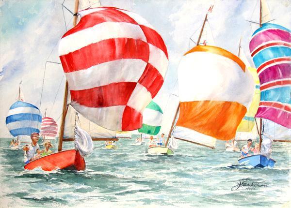 Sailboats at Full Sail Watercolor | J. Gordon Carr,{{product.type}}