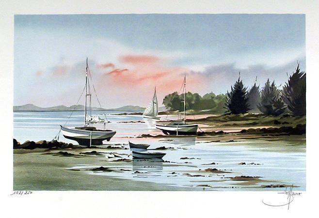 Sailboats in Cove Lithograph | Stephane Lauro,{{product.type}}