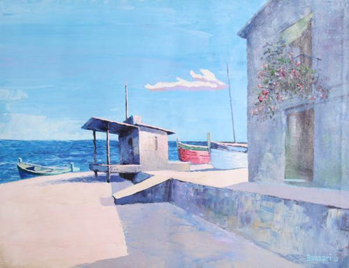 Seaside Beach Home with Rowboats Oil | Bassari,{{product.type}}