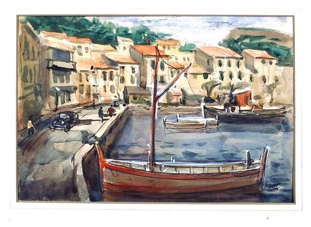 Seaside Village with Boats Watercolor | Unknown Artist,{{product.type}}