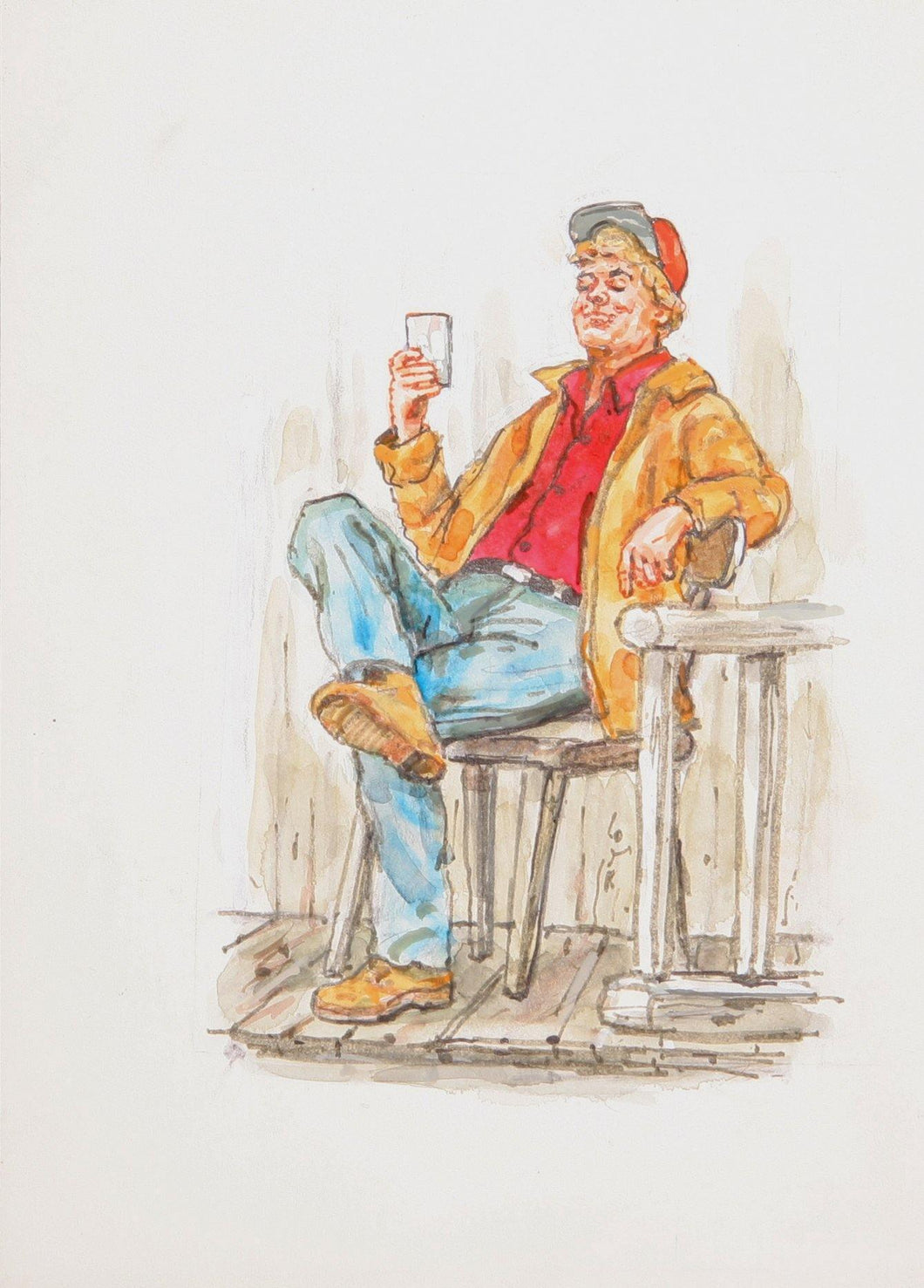 Seated Man with Glass Watercolor | Marshall Goodman,{{product.type}}