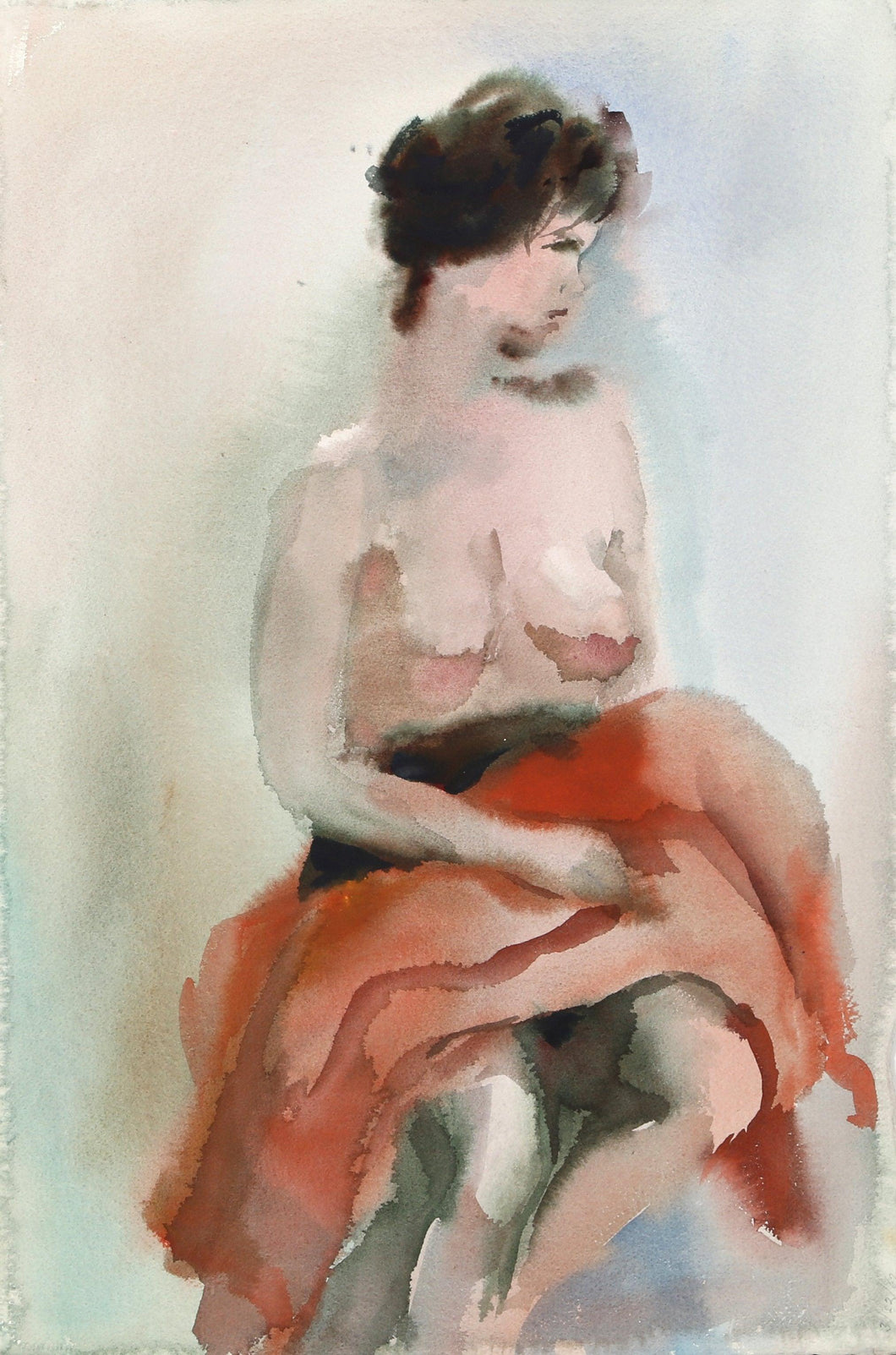 Seated Nude with Red Blanket (P1.3) Watercolor | Eve Nethercott,{{product.type}}