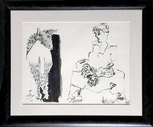 Seated Woman and Bull Figure Watercolor | Jose Ortega,{{product.type}}