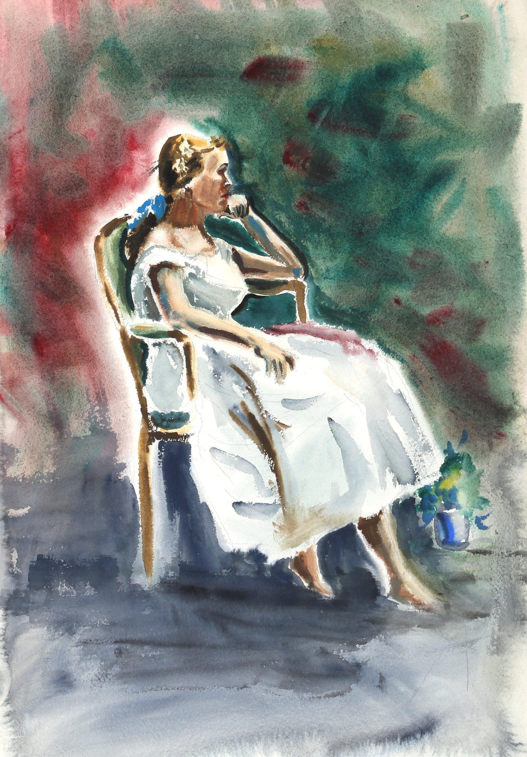 Seated Woman in White Dress (P6.54) Watercolor | Eve Nethercott,{{product.type}}