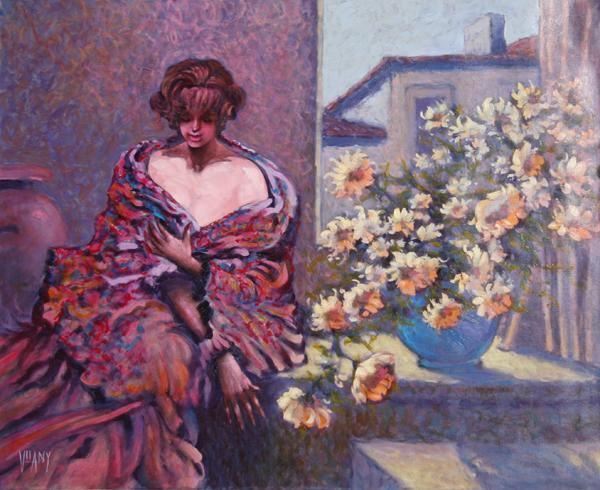 Seated Woman with Flowers Oil | Vilany,{{product.type}}