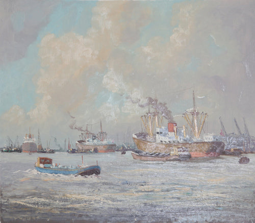 Ships in Harbor 1 Oil | M. Headermann,{{product.type}}