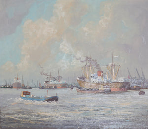 Ships in Harbor 1 Oil | M. Headermann,{{product.type}}