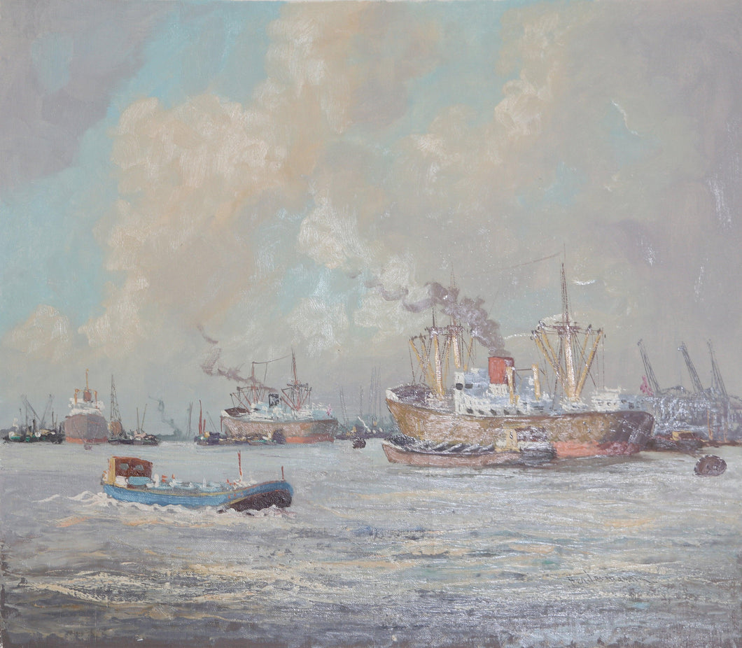 Ships in Harbor 1 Oil | M. Headermann,{{product.type}}