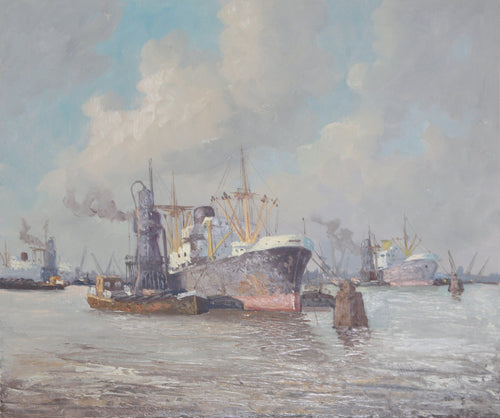 Ships in Harbor 10 Oil | M. Headermann,{{product.type}}
