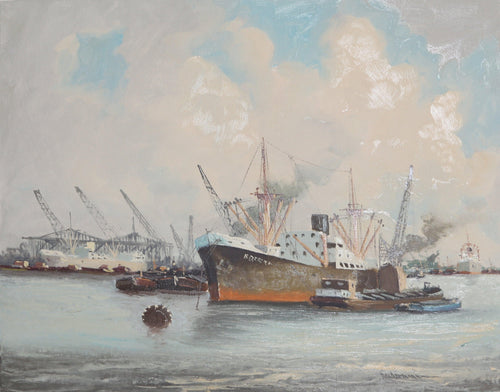Ships in Harbor 12 Oil | M. Headermann,{{product.type}}