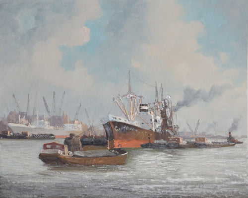 Ships in Harbor 14 Oil | M. Headermann,{{product.type}}
