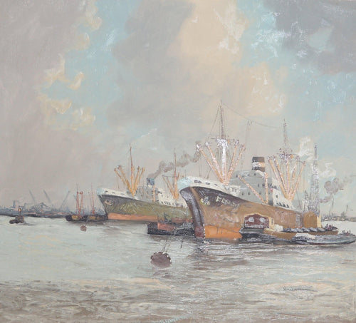 Ships in Harbor 15 Oil | M. Headermann,{{product.type}}