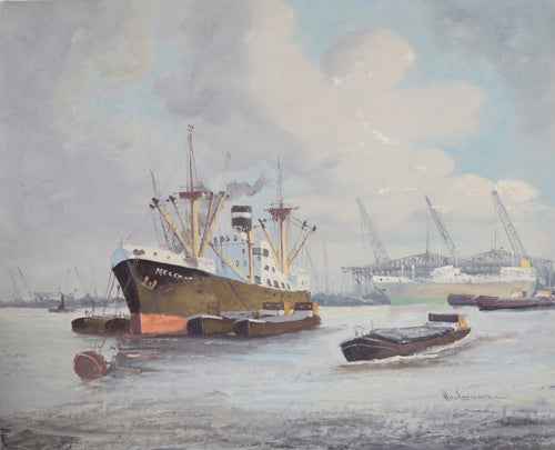 Ships in Harbor 16 Oil | M. Headermann,{{product.type}}