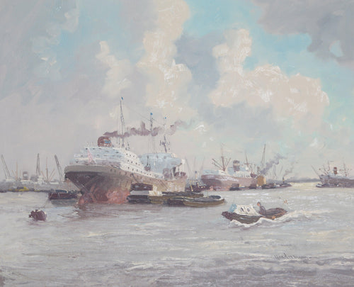 Ships in Harbor 3 Oil | M. Headermann,{{product.type}}