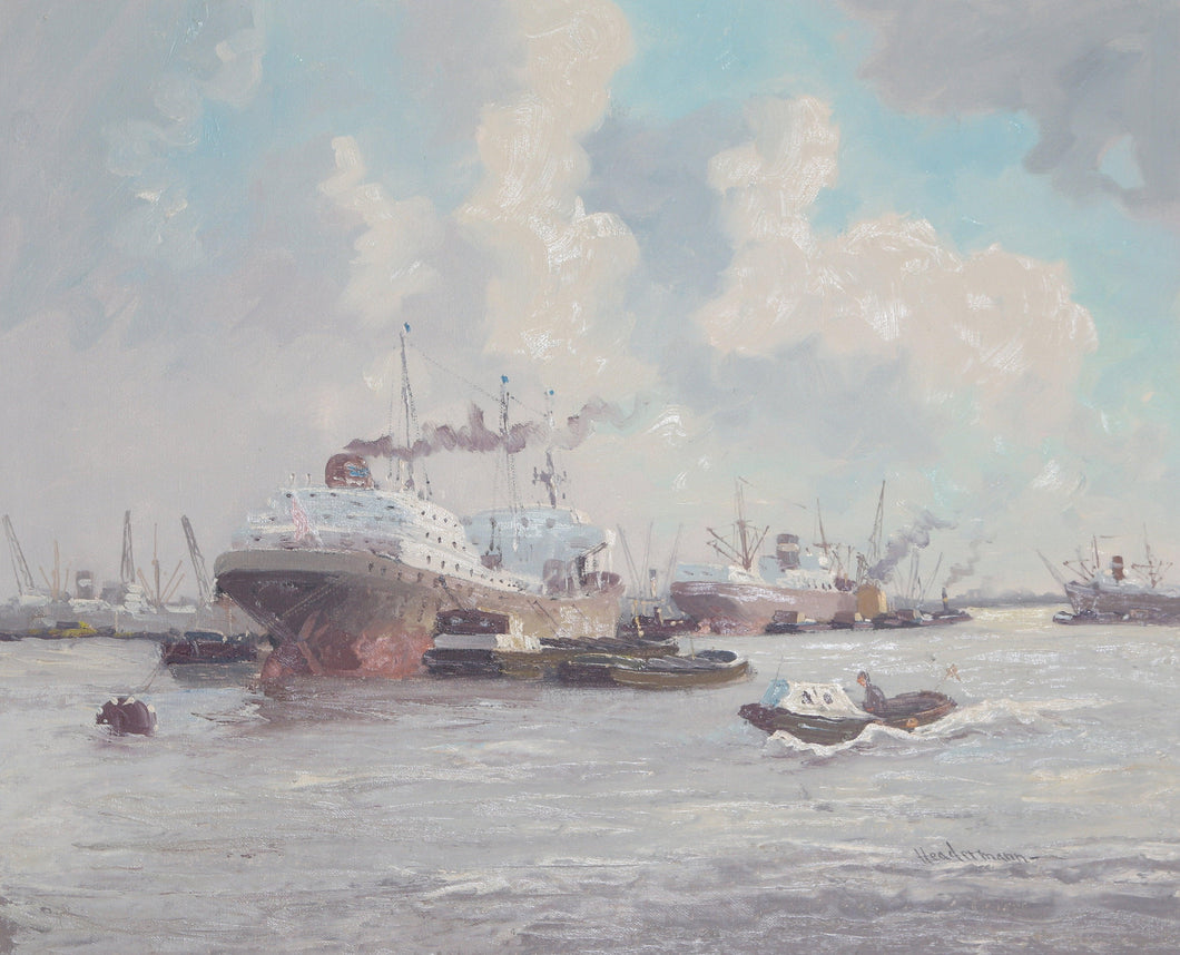 Ships in Harbor 3 Oil | M. Headermann,{{product.type}}