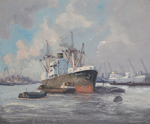 Ships in Harbor 5 Oil | M. Headermann,{{product.type}}