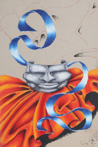 Silver Mask with Blue Ribbon Pastel | Jon Robyn,{{product.type}}