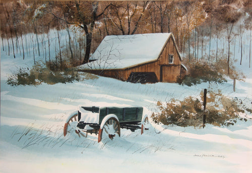 Snowy Barn and Wagon Watercolor | James Feriola,{{product.type}}