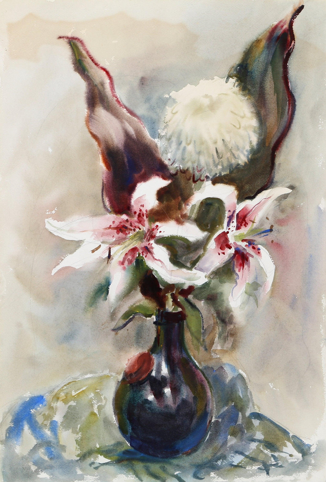 Spotted Lilies in Vase (P1.16) Watercolor | Eve Nethercott,{{product.type}}