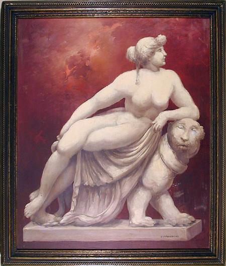 Statue of Woman and Lion Oil | H. Skapowsky,{{product.type}}