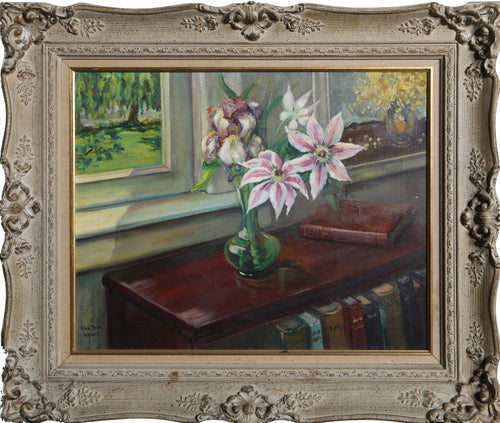 Still Life of Flowers on Bookshelf Oil | Amanda Venelia Van der Voort,{{product.type}}