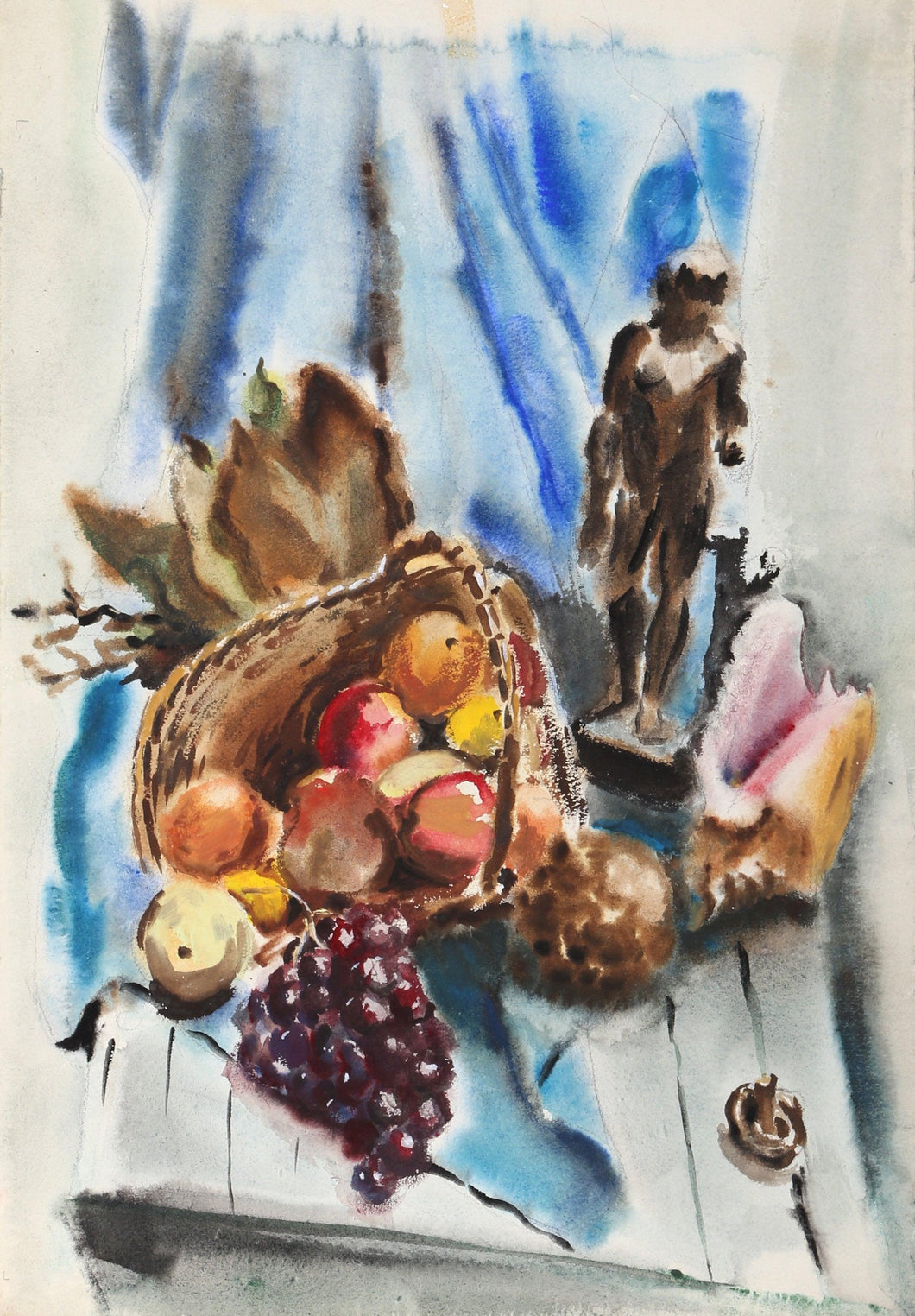 Still Life with Basket and Statue (P6.53) Watercolor | Eve Nethercott,{{product.type}}