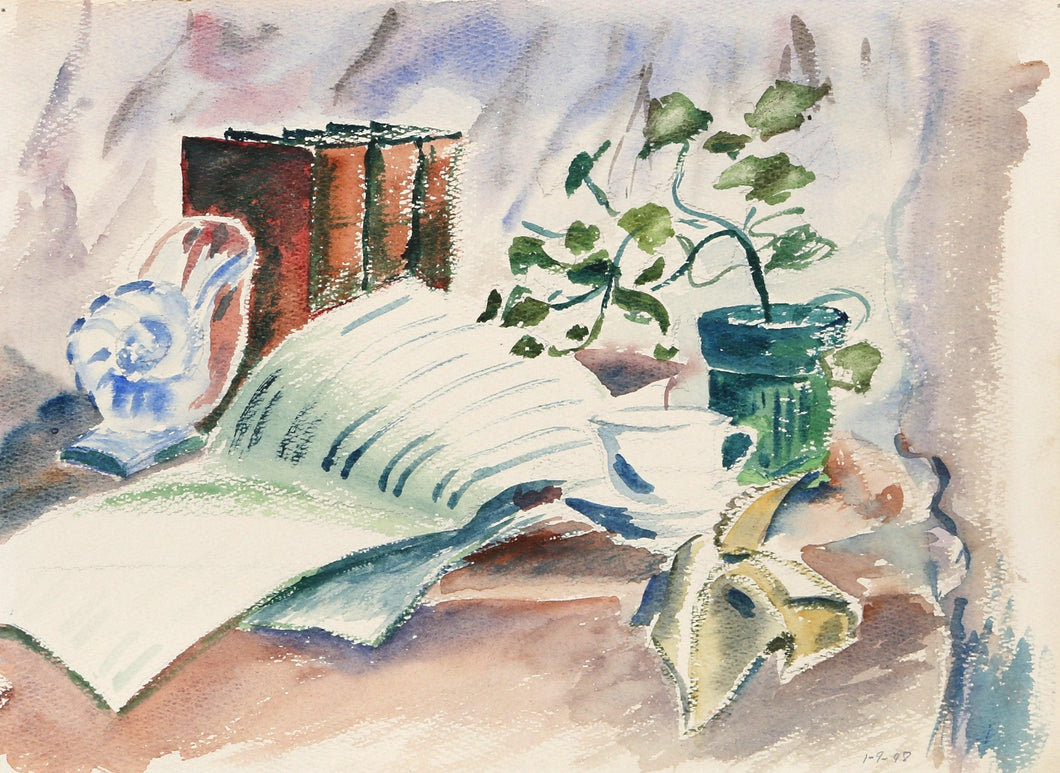Still Life with Books (P6.26) Watercolor | Eve Nethercott,{{product.type}}