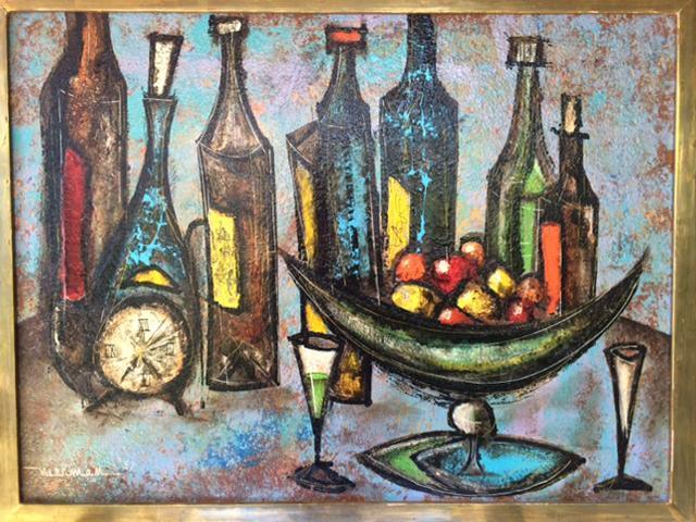 Still Life with Bottles and Clock Oil | Leonardo Nierman,{{product.type}}
