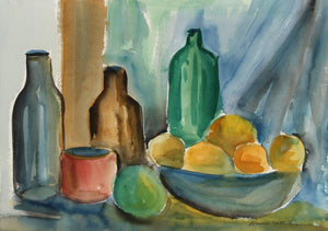Still Life with Bottles and Oranges Watercolor | Harold Wallerstein,{{product.type}}