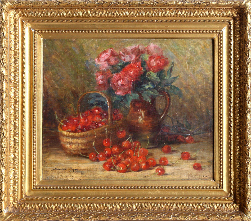 Still Life with Cherries and Roses Oil | Unknown Artist,{{product.type}}