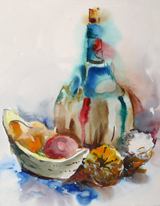 Still Life with Chianti (P3.23) Watercolor | Eve Nethercott,{{product.type}}