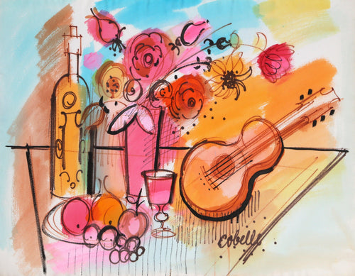 Still Life with Mandolin and Flowers 2 Acrylic | Charles Cobelle,{{product.type}}