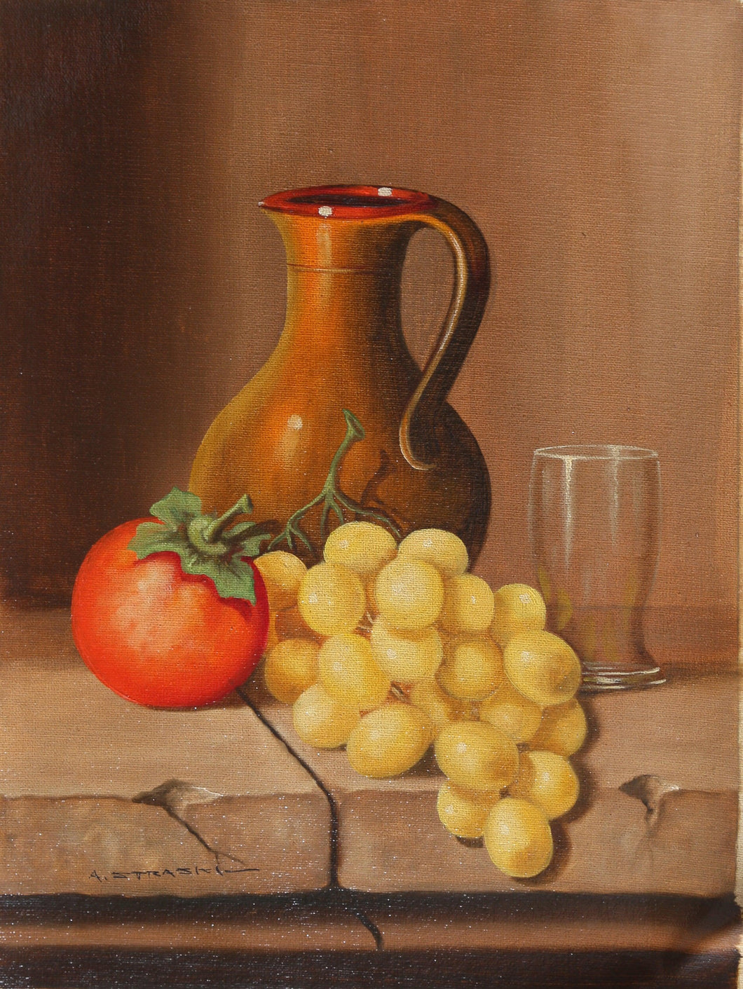 Still Life with Persimmon, Grapes and Pitcher Oil | Abraham Straski,{{product.type}}