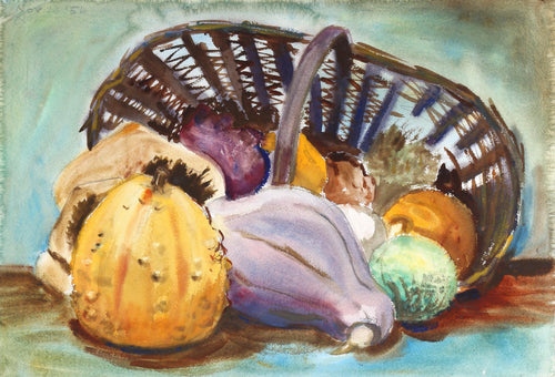 Still Life with Squash and Basket (P5.62) Watercolor | Eve Nethercott,{{product.type}}