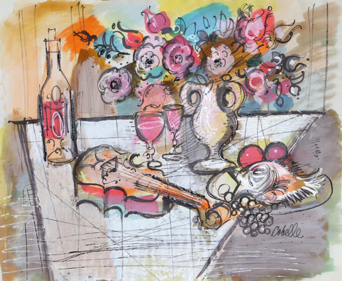 Still Life with Violin and Flowers 1 Acrylic | Charles Cobelle,{{product.type}}