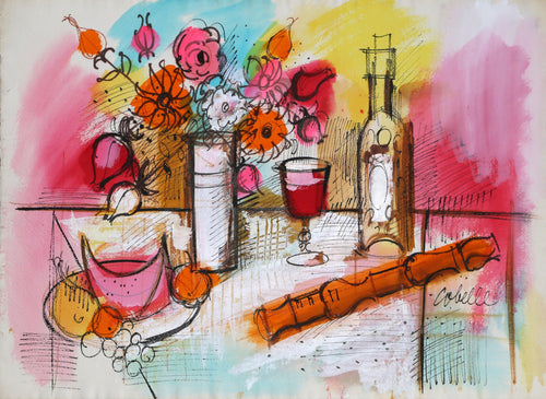 Still Life with Wine and Flowers 1 Acrylic | Charles Cobelle,{{product.type}}