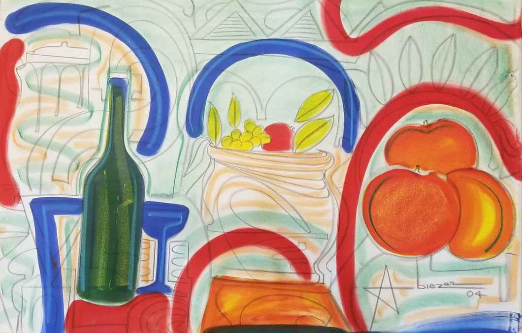 Still LIfe with Wine and Fruit Mixed Media | Abiezer Agudelo,{{product.type}}