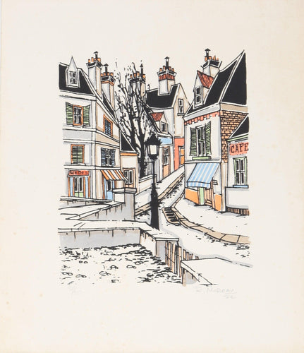 Street with Cafe Lithograph | R. Moreau,{{product.type}}
