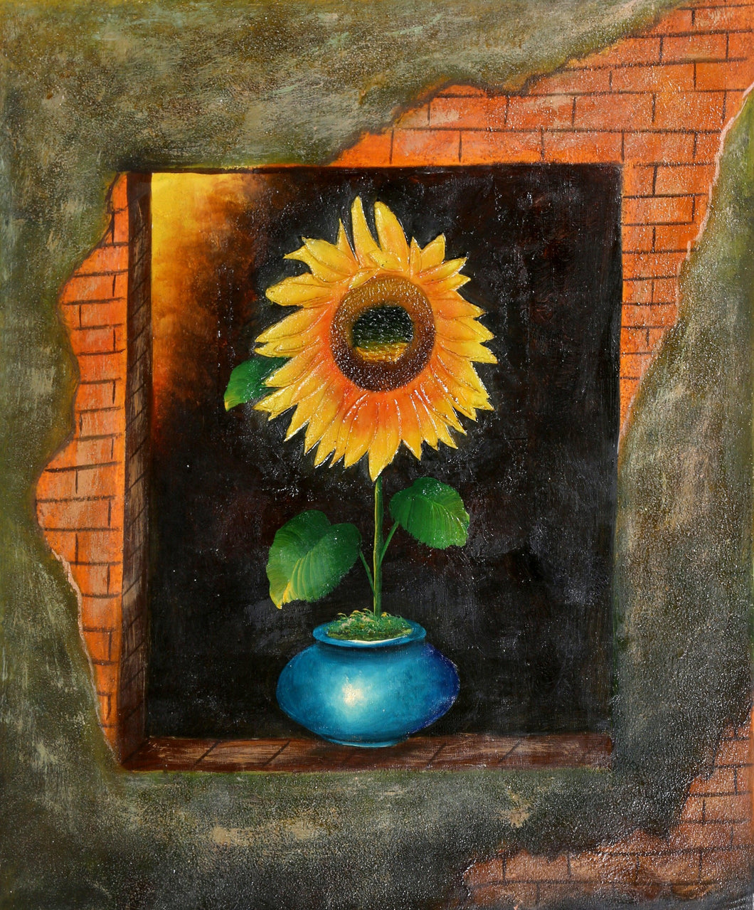Sunflower in Brick Wall Oil | Unknown Artist,{{product.type}}