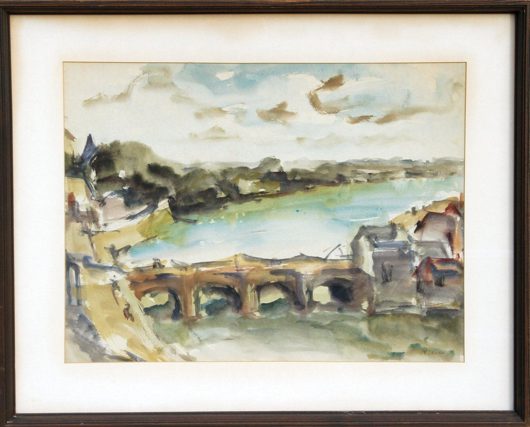Swiss Landscape with Bridge Watercolor | Willy Rieser,{{product.type}}
