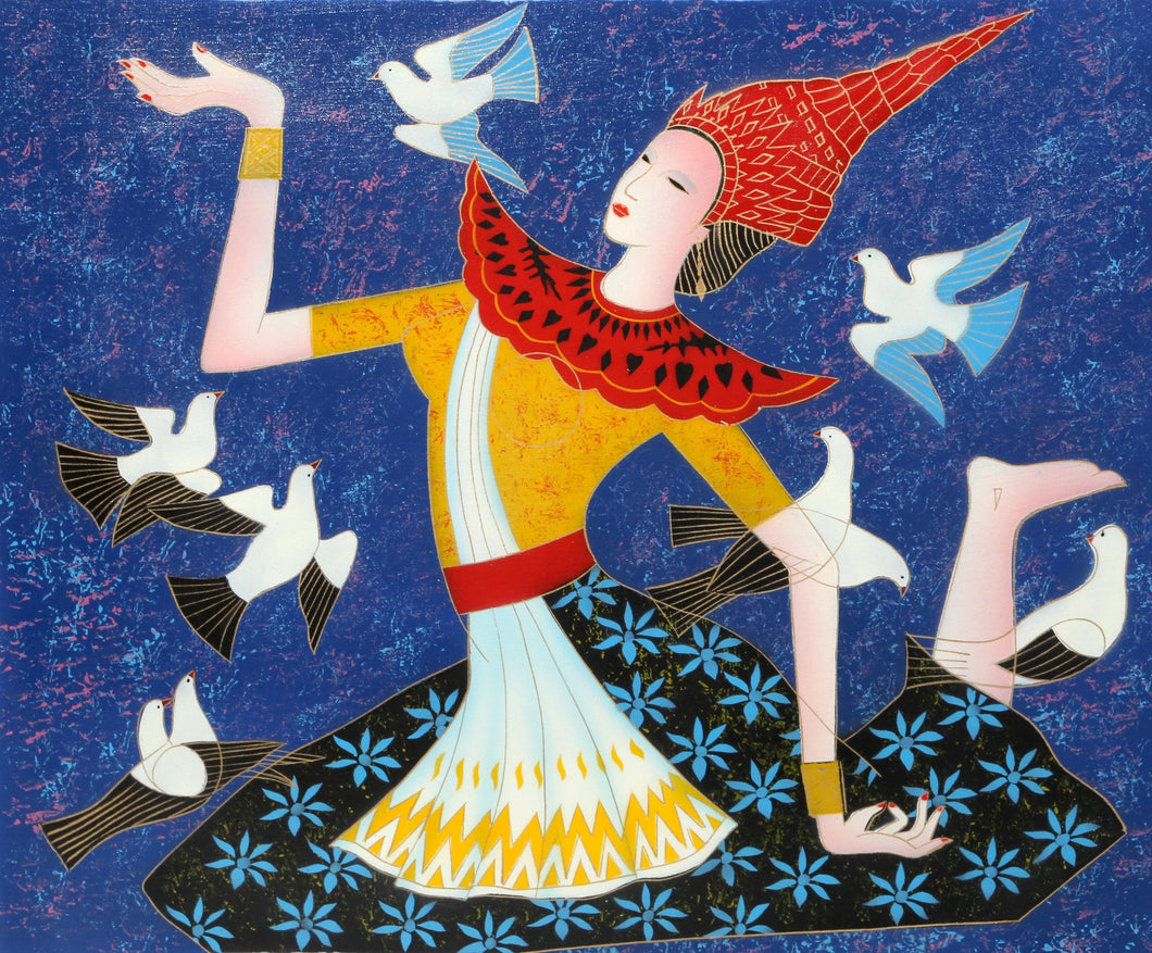 Thai Dancer with Birds Oil | Unknown Artist,{{product.type}}