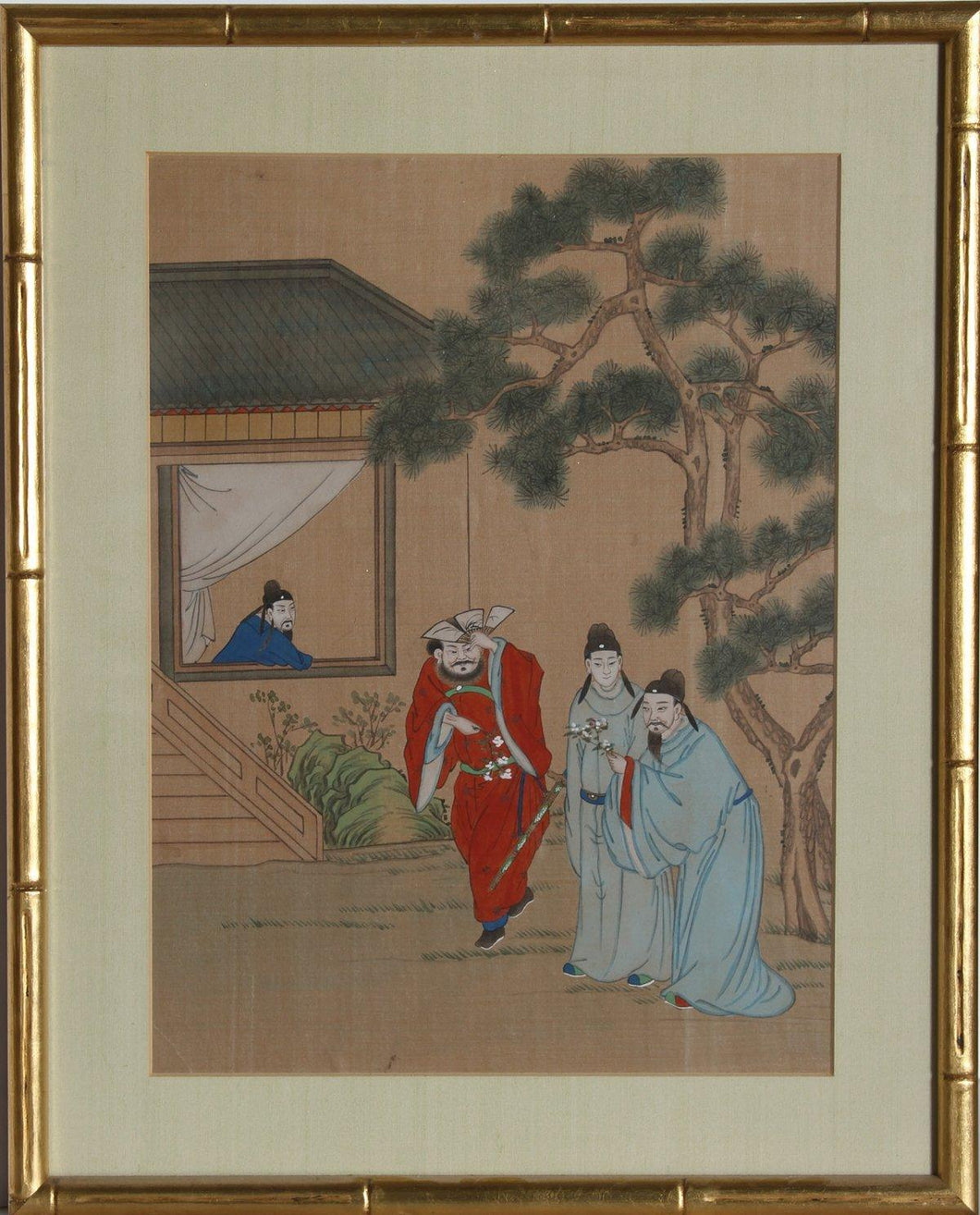 Three Figures Outdoors with Man Looking on from Window Tapestries and Textiles | Unknown, Chinese,{{product.type}}