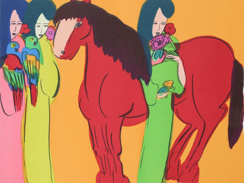 Three Geishas with Horse (Orange) Lithograph | Walasse Ting,{{product.type}}